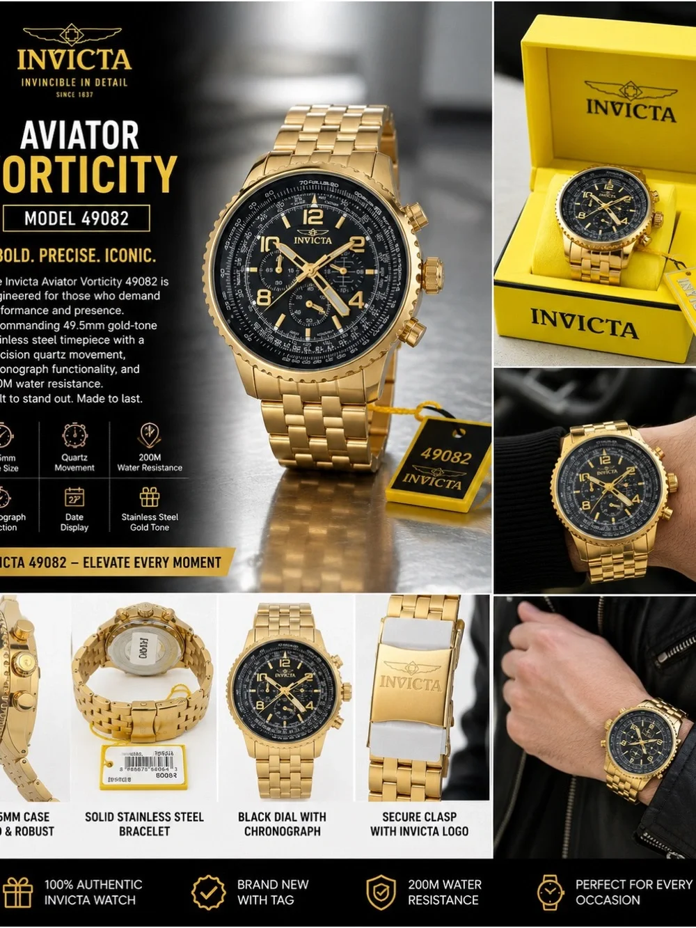 Invicta Aviator Vorticity 49082 Men’s Gold-Tone Chronograph Watch 49.5mm